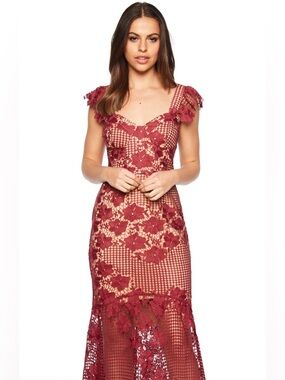 Bardot Lucy Lace Midi Dress in the color burgundy nude size US 8 or M